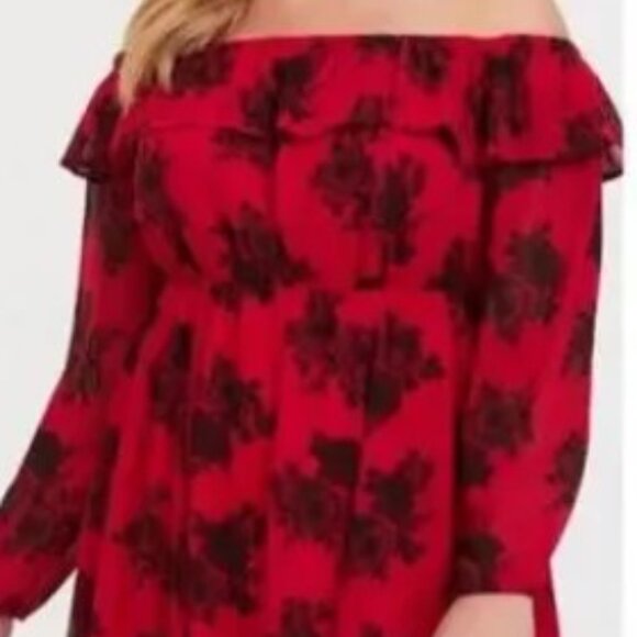 76-17 Torrid Red Roses Chiffon Off Shoulder long sleeve Skater Dress Size 14/16 - Picture 2 of 12